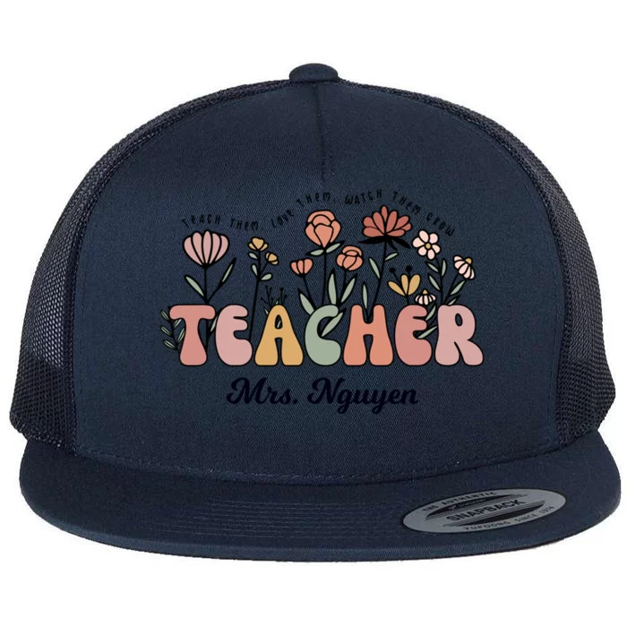 Mrs Nguyen Teacher Wildflower Back To School Cool Gift Flat Bill Trucker Hat