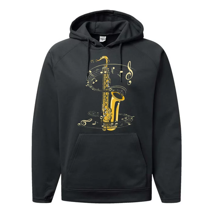 Music Notes Treble Clef Saxophonist Jazz Musician Saxophone Performance Fleece Hoodie