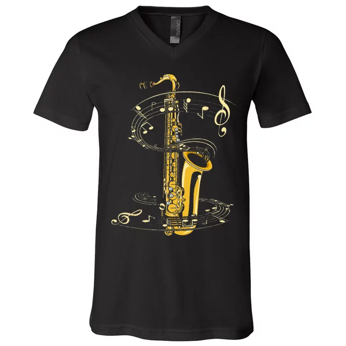 Music Notes Treble Clef Saxophonist Jazz Musician Saxophone V-Neck T-Shirt