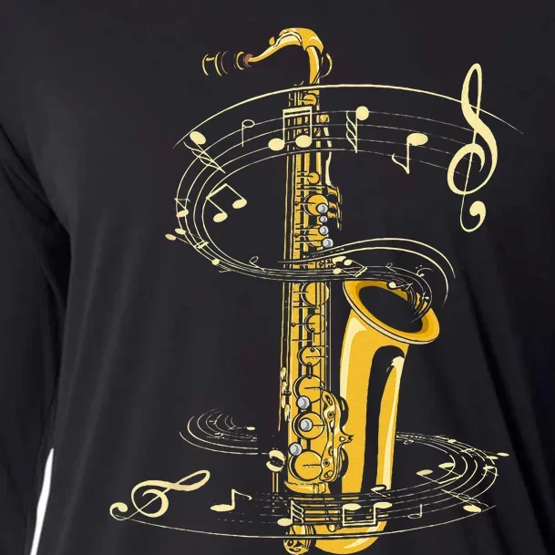 Music Notes Treble Clef Saxophonist Jazz Musician Saxophone Cooling Performance Long Sleeve Crew