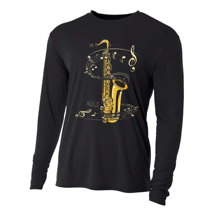 Music Notes Treble Clef Saxophonist Jazz Musician Saxophone Cooling Performance Long Sleeve Crew