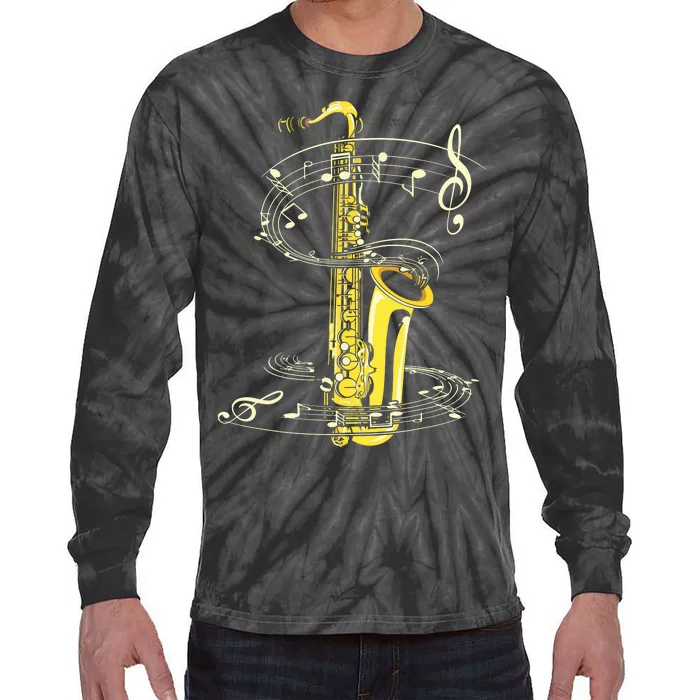 Music Notes Treble Clef Saxophonist Jazz Musician Saxophone Tie-Dye Long Sleeve Shirt