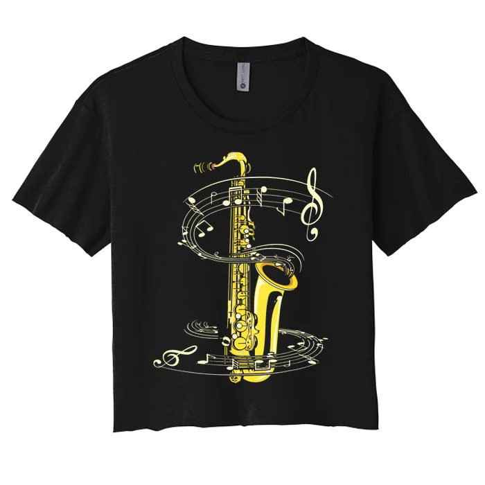 Music Notes Treble Clef Saxophonist Jazz Musician Saxophone Women's Crop Top Tee