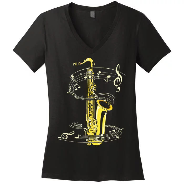 Music Notes Treble Clef Saxophonist Jazz Musician Saxophone Women's V-Neck T-Shirt