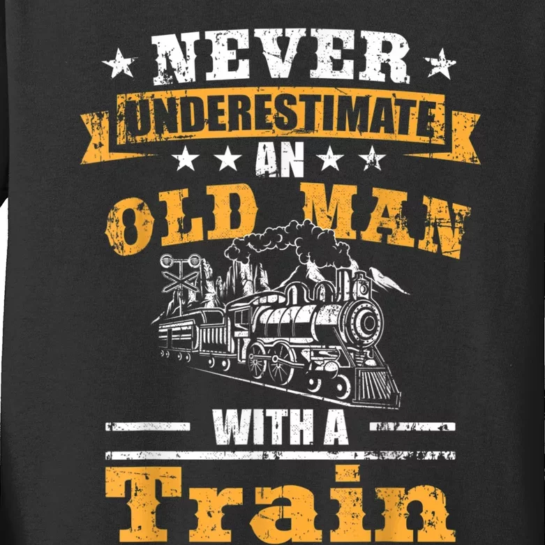 Mens Never Underestimate An Old Man Railroad Collector Train Kids Long Sleeve Shirt