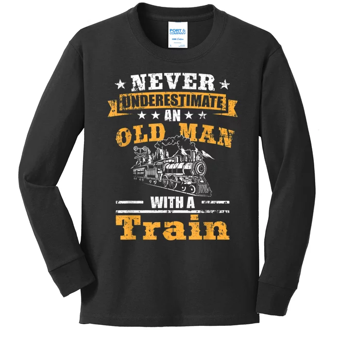 Mens Never Underestimate An Old Man Railroad Collector Train Kids Long Sleeve Shirt