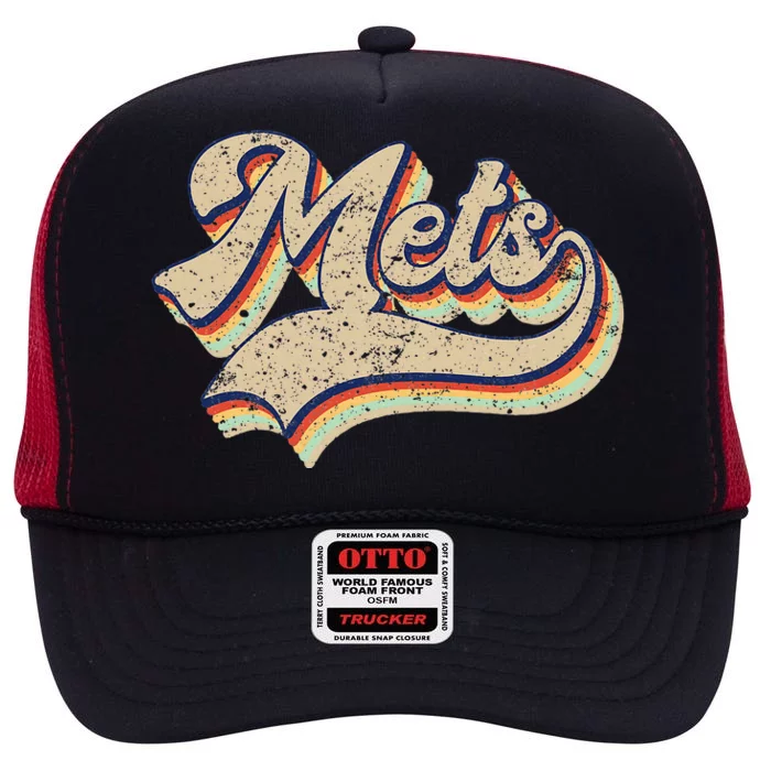 Mets Name Vintage Retro Baseball High Crown Mesh Trucker Hat