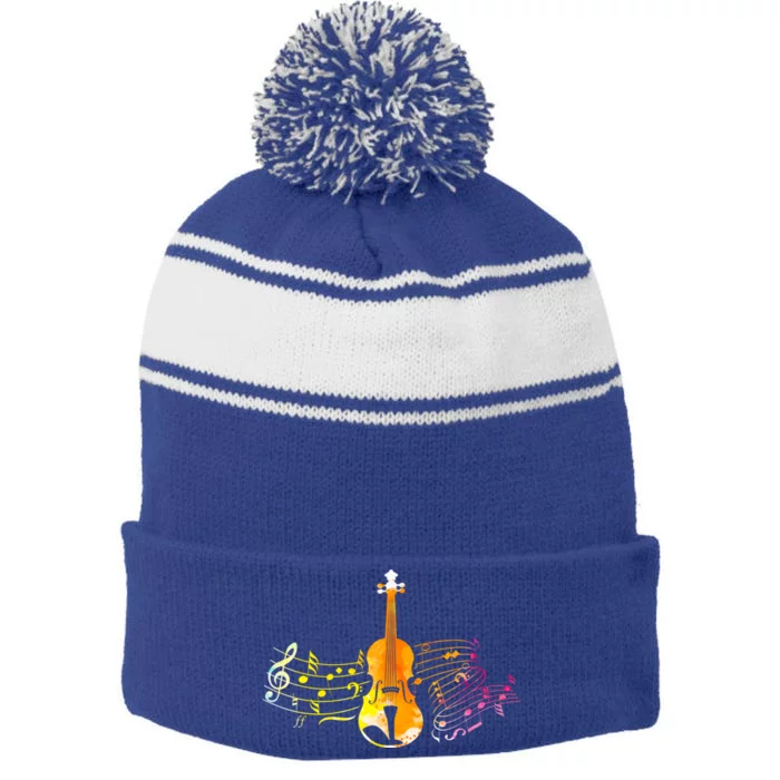 Music Notes Violin Gift Stripe Pom Pom Beanie