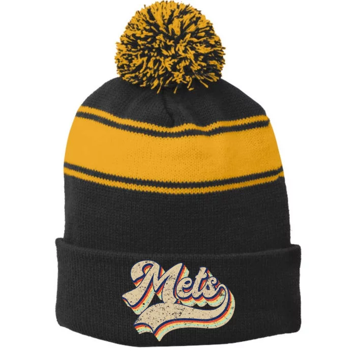 Mets Name Vintage Retro Baseball Lovers Baseball Fans Stripe Pom Pom Beanie