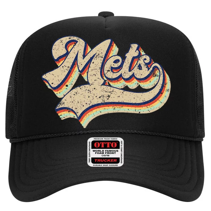 Mets Name Vintage Retro Baseball Lovers Baseball Fans High Crown Mesh Trucker Hat