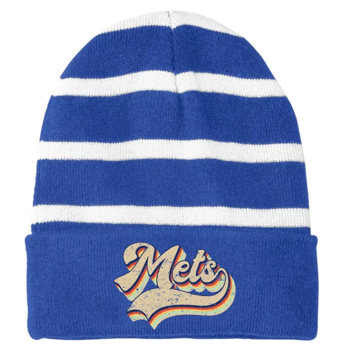 Mets Name Vintage Retro Baseball Lovers Baseball Fans Striped Beanie with Solid Band