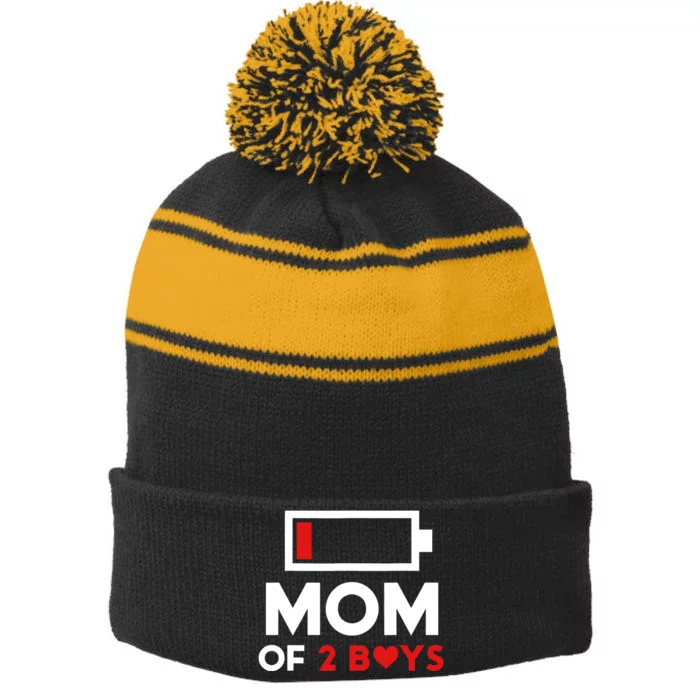 Mom Of 2 Boy From Son To Mom For Mothers Day Birthday Women Stripe Pom Pom Beanie