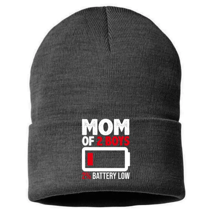 Mom Of 2 Boys 2 Percent Battery Low Funny Sustainable Knit Beanie