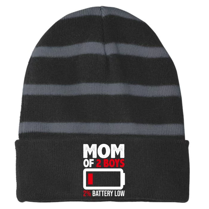 Mom Of 2 Boys 2 Percent Battery Low Funny Striped Beanie with Solid Band