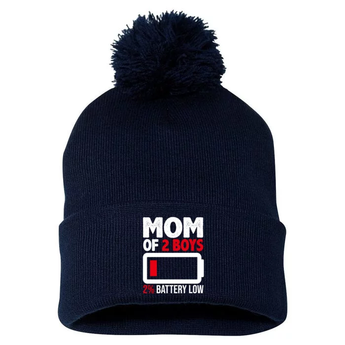 Mom Of 2 Boys 2 Percent Battery Low Funny Pom Pom 12in Knit Beanie