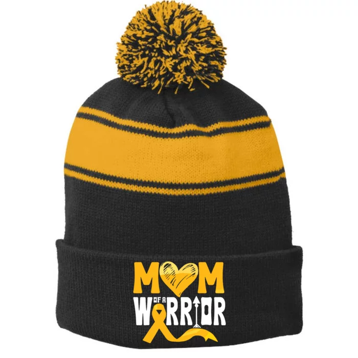 Mom Of A Warrior Childhood Cancer Awareness Gold Ribbon Stripe Pom Pom Beanie