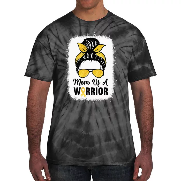 Mom Of A Warrior Gold Childhood Cancer Awareness Messy Bun Tie-Dye T-Shirt