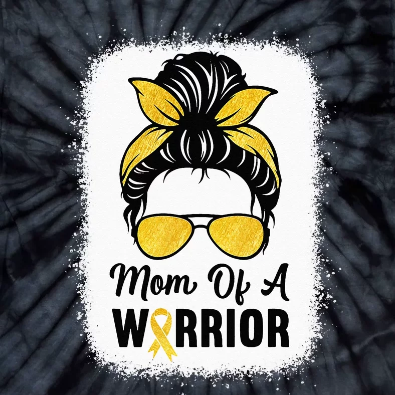 Mom Of A Warrior Gold Childhood Cancer Awareness Messy Bun Tie-Dye T-Shirt