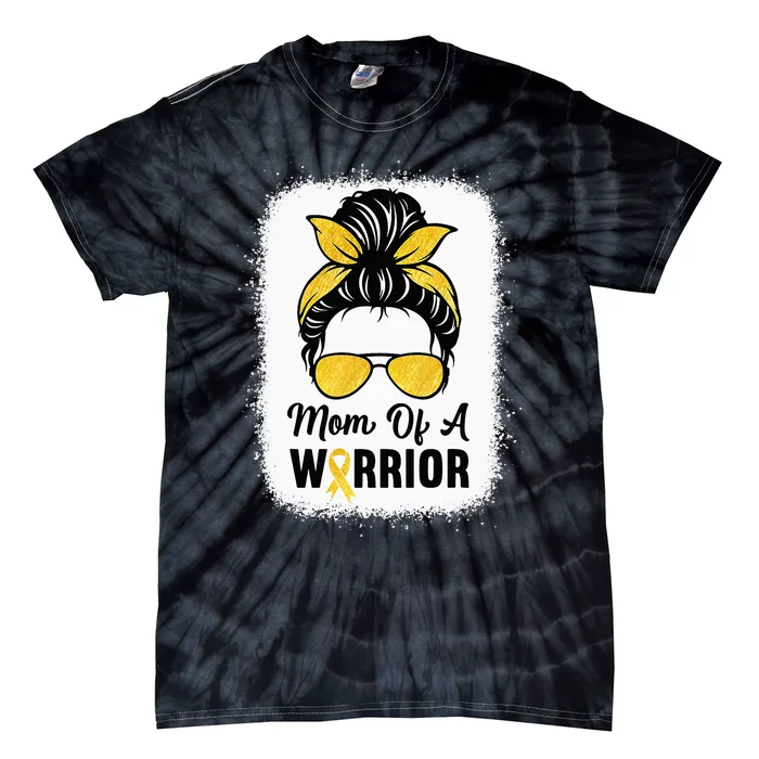 Mom Of A Warrior Gold Childhood Cancer Awareness Messy Bun Tie-Dye T-Shirt