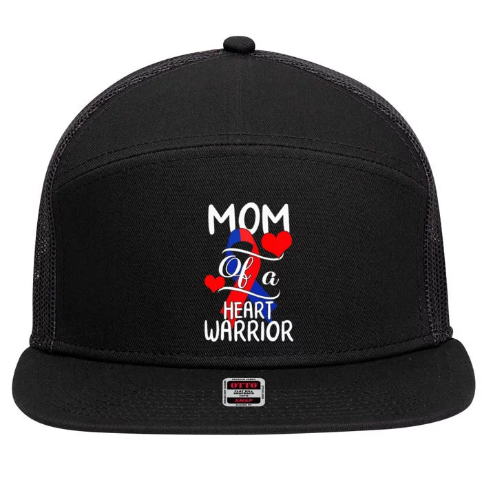 Mom Of A Heart Warrior CHD Disease Awareness Red Ribbon Gift 7 Panel Mesh Trucker Snapback Hat