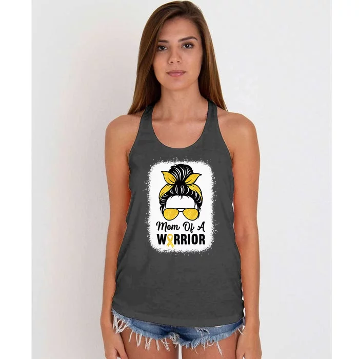 Mom Of A Warrior Gold Childhood Cancer Awareness Messy Bun Women's Knotted Racerback Tank