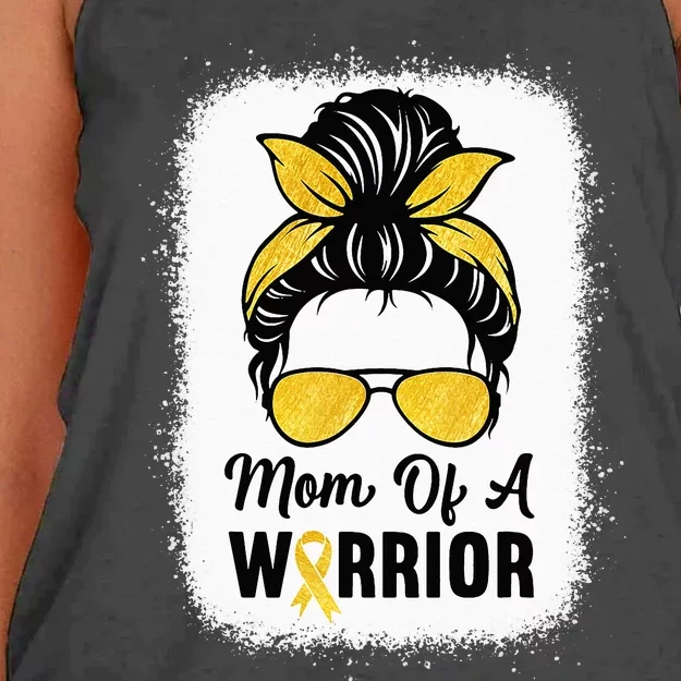 Mom Of A Warrior Gold Childhood Cancer Awareness Messy Bun Women's Knotted Racerback Tank