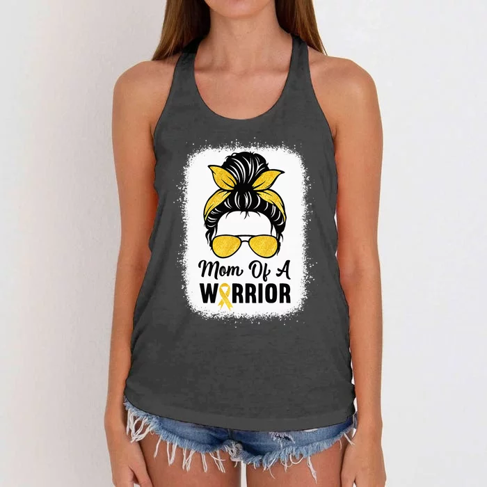 Mom Of A Warrior Gold Childhood Cancer Awareness Messy Bun Women's Knotted Racerback Tank