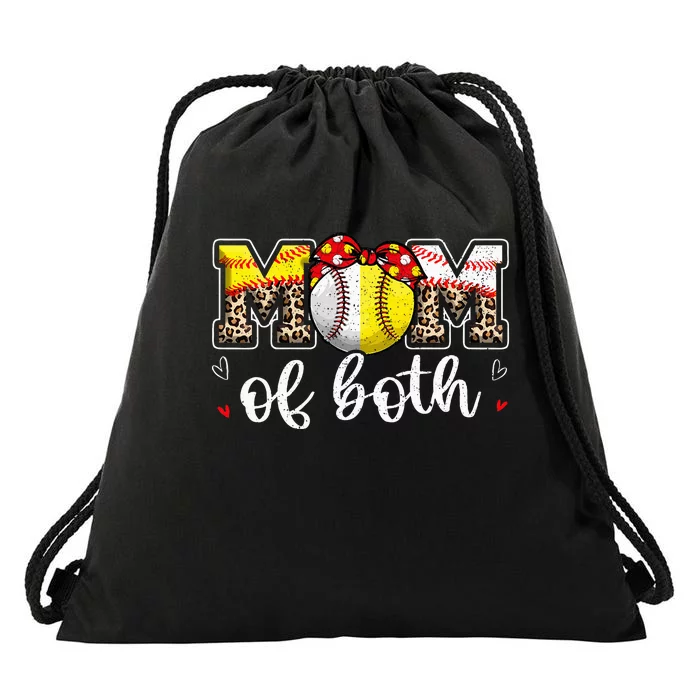 Mom Of Both Leopard Game Day Baseball Softball MotherS Day Drawstring Bag