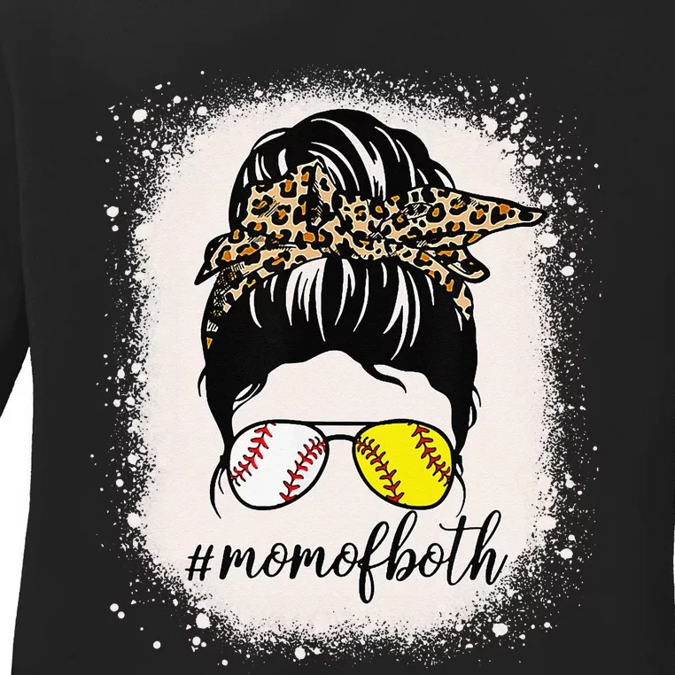 Mom of Both Baseball Mom Messy Bun gift Mother's Day Ladies Long Sleeve Shirt