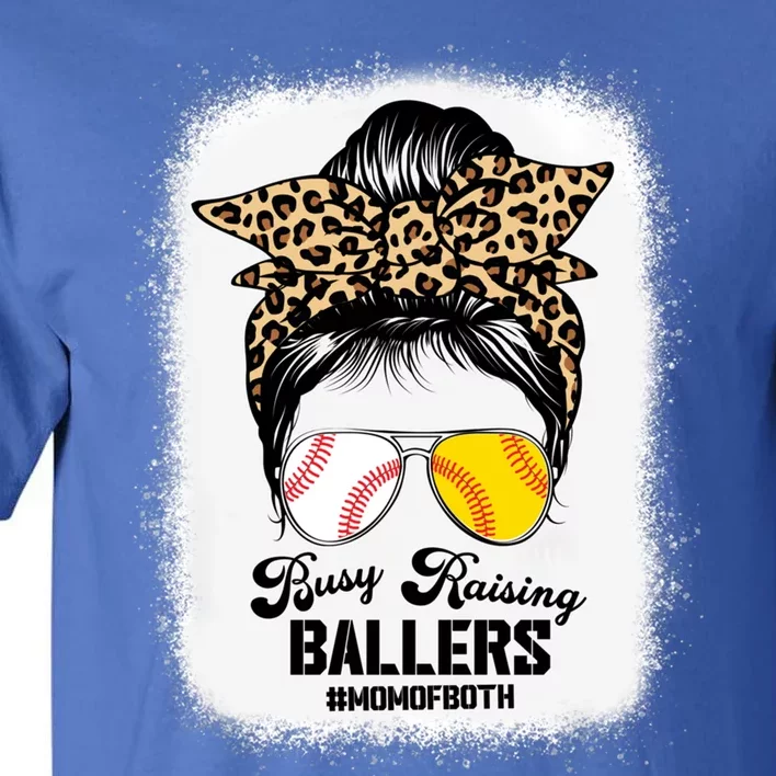 Mom Of Both Busy Raising Ballers Softball Baseball Messy Bun Funny Gift Tall T-Shirt