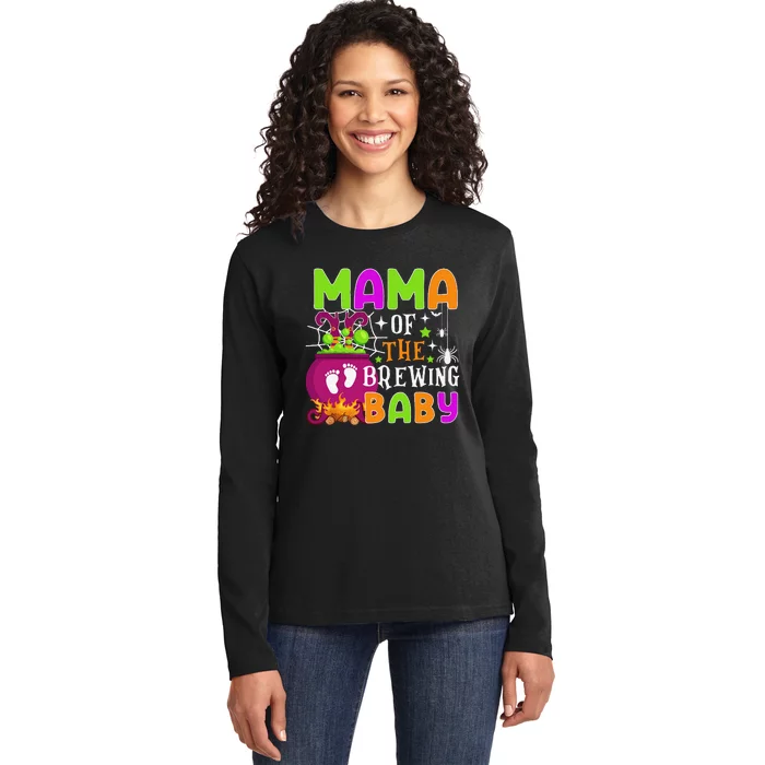 Mama Of Brewing Baby Halloween Theme Baby Shower Spooky Ladies Long Sleeve Shirt