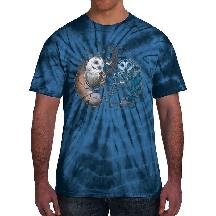 Moon Owl Birds Aesthetic Cottage Halloween Yin Yang Tie-Dye T-Shirt