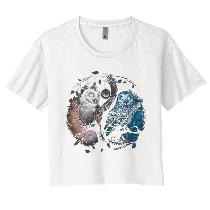 Moon Owl Birds Aesthetic Cottage Halloween Yin Yang Women's Crop Top Tee