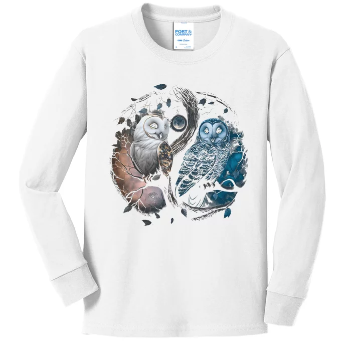 Moon Owl Birds Aesthetic Cottage Halloween Yin Yang Kids Long Sleeve Shirt