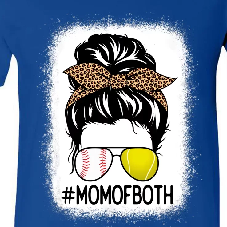 Mom Of Both Tennis Baseball Messy Bun Leopard Mother's Day Cute Gift V-Neck T-Shirt