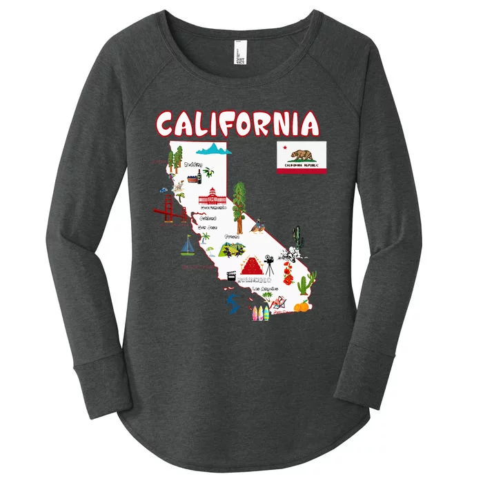 Map Of California Landmarks Major Cities Flag Women's Perfect Tri Tunic Long Sleeve Shirt