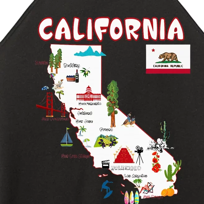 Map Of California Landmarks Major Cities Flag Women’s Perfect Tri Rocker Tank