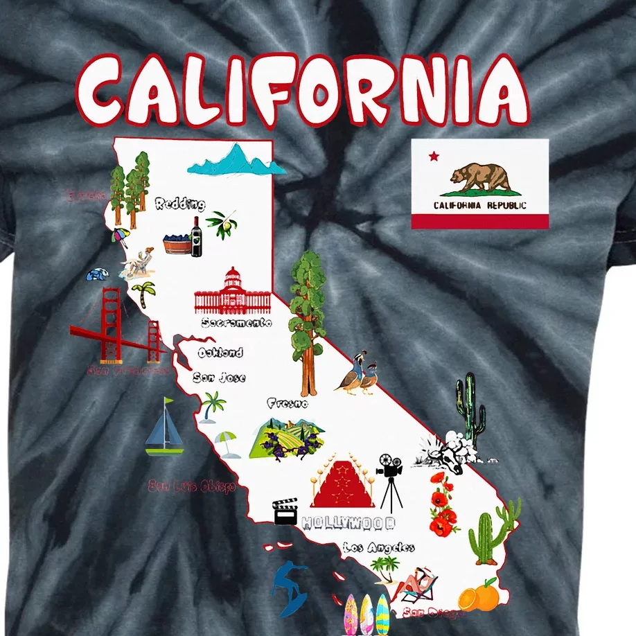 Map Of California Landmarks Major Cities Flag Kids Tie-Dye T-Shirt