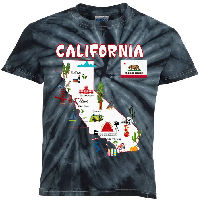 Map Of California Landmarks Major Cities Flag Kids Tie-Dye T-Shirt