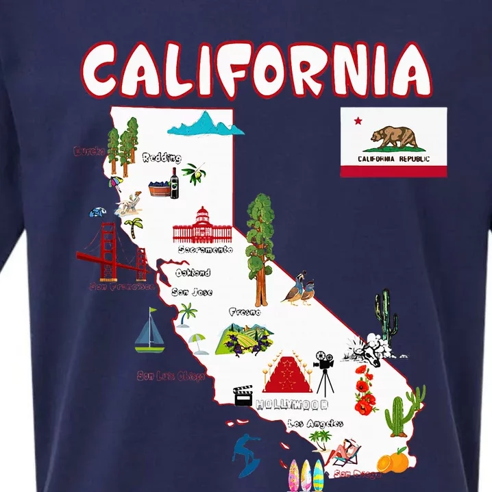 Map Of California Landmarks Major Cities Flag Sueded Cloud Jersey T-Shirt