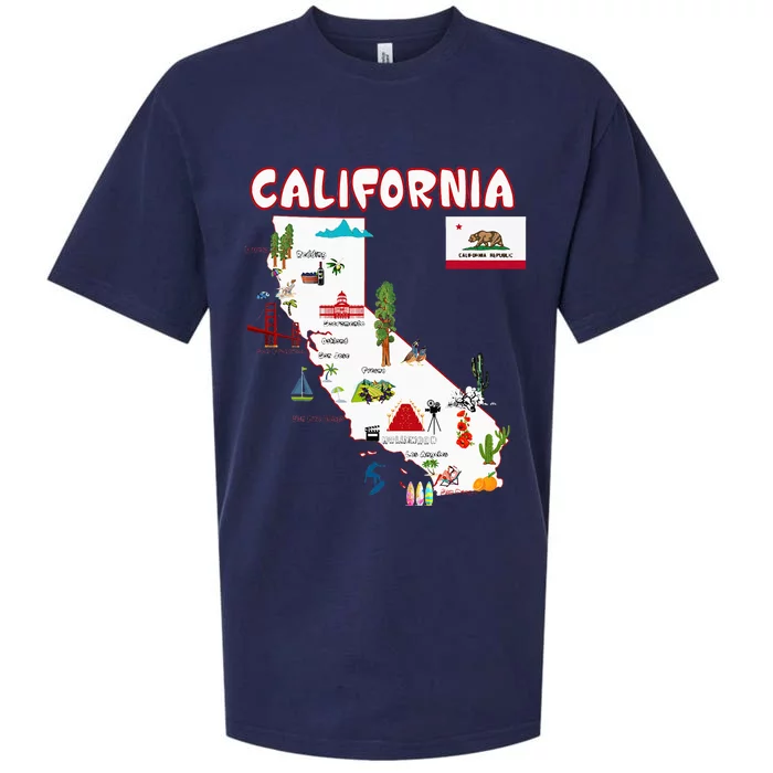 Map Of California Landmarks Major Cities Flag Sueded Cloud Jersey T-Shirt