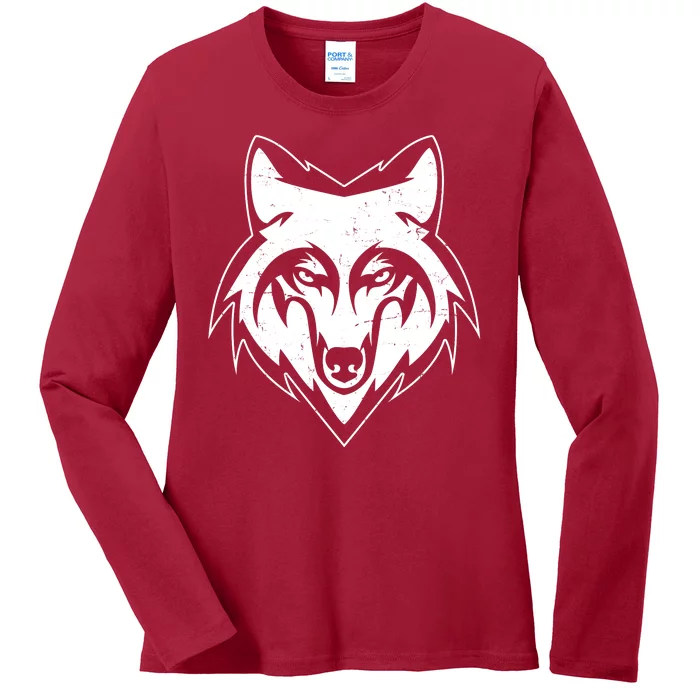 Modern Wolf Face Symbol Ladies Long Sleeve Shirt