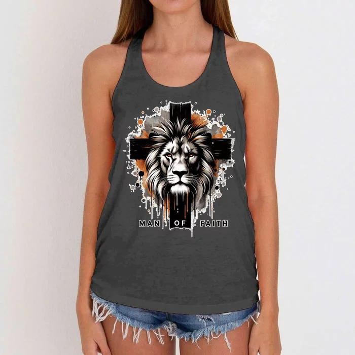 Man Of Faith Lion Of Juda Jesus Christ Cross Christian Catholic Women's Knotted Racerback Tank