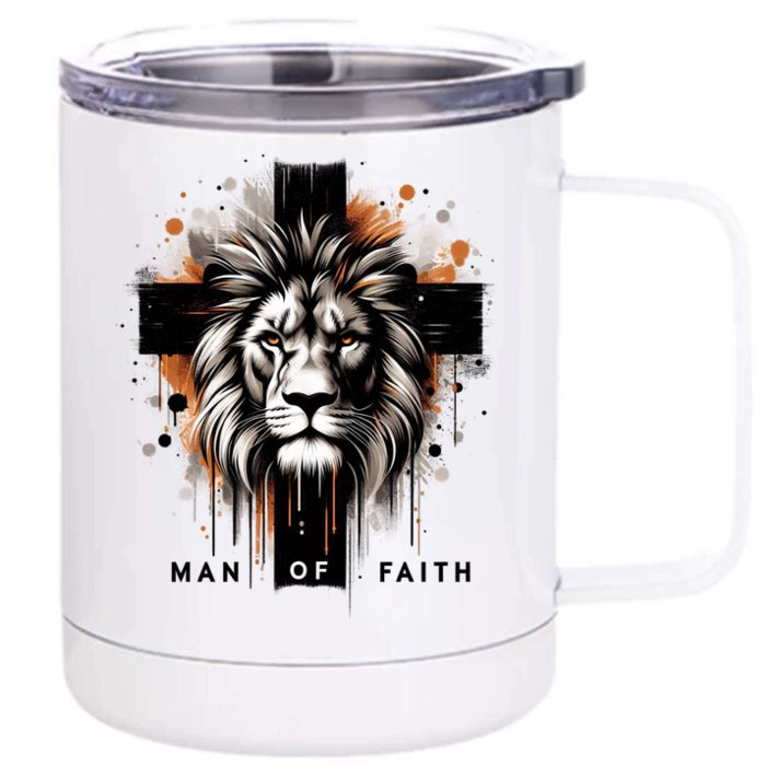 Man Of Faith Lion Of Juda Jesus Christ Cross Christian Catholic Front & Back 12oz Stainless Steel Tumbler Cup