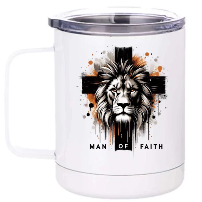 Man Of Faith Lion Of Juda Jesus Christ Cross Christian Catholic Front & Back 12oz Stainless Steel Tumbler Cup