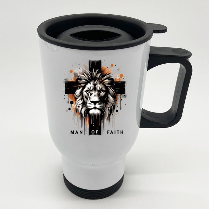 Man Of Faith Lion Of Juda Jesus Christ Cross Christian Catholic Front & Back Stainless Steel Travel Mug