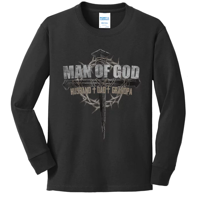 Man Of God Husband Dad Grandpa Cross Christian Kids Long Sleeve Shirt