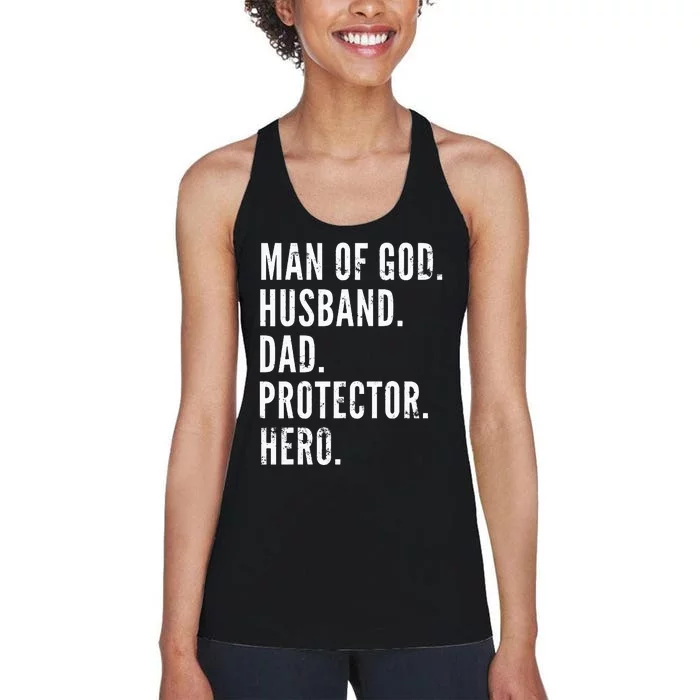 Man of God Husband Dad Protector Hero Women's Racerback Tank