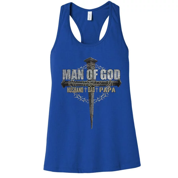 Man Of God Husband Dad Papa Christian Cross FatherS Day Women's Racerback Tank