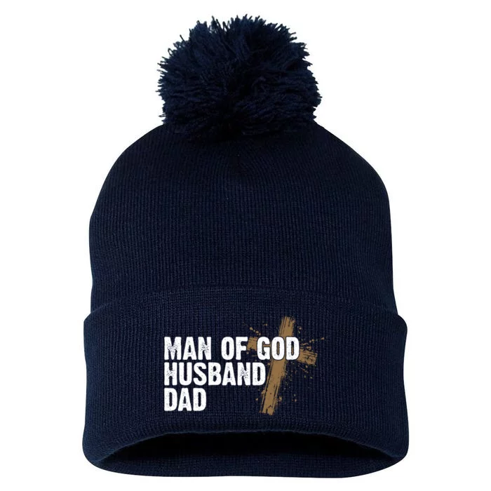 Man Of God Husband Dad Religious Cross Fathers Day Pom Pom 12in Knit Beanie